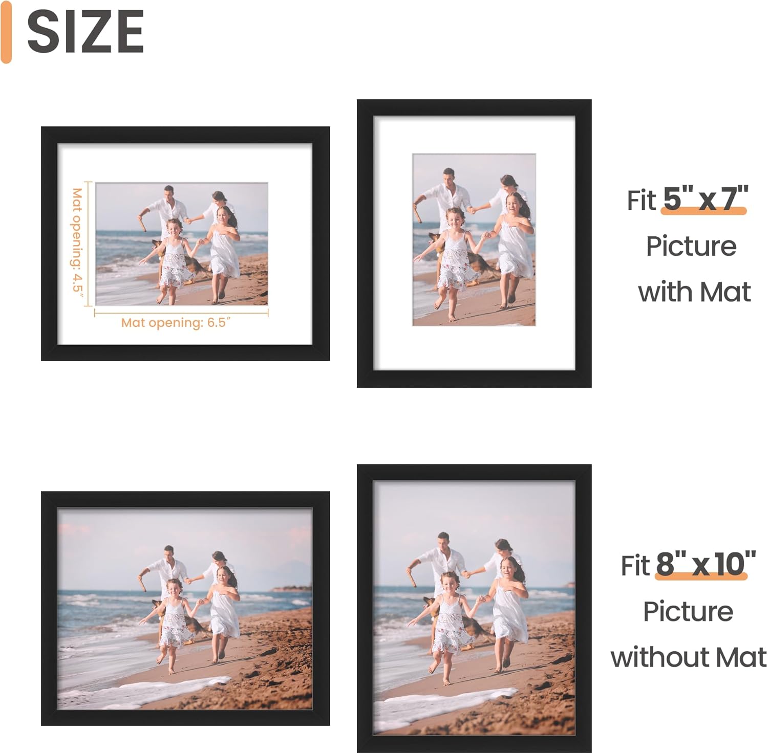 upsimples 8x10 Picture Frame, Display Pictures 5x7 with Mat or 8x10 Without Mat, Wall Hanging Photo Frame, Black, 1 Pack