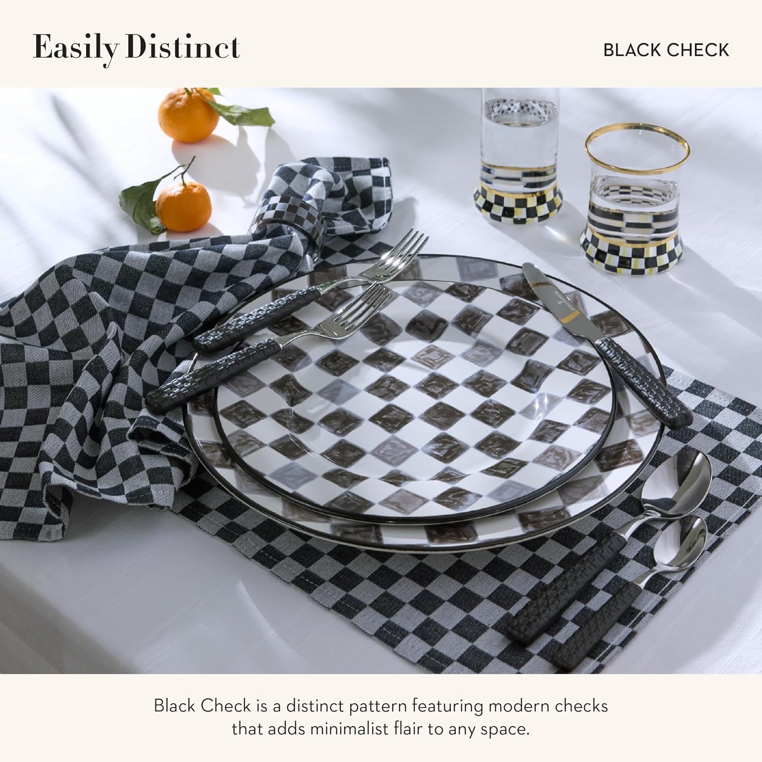 Stoneware Serving Bowl, Large Decorative Bowl, 14-Cup Capacity, Black Check