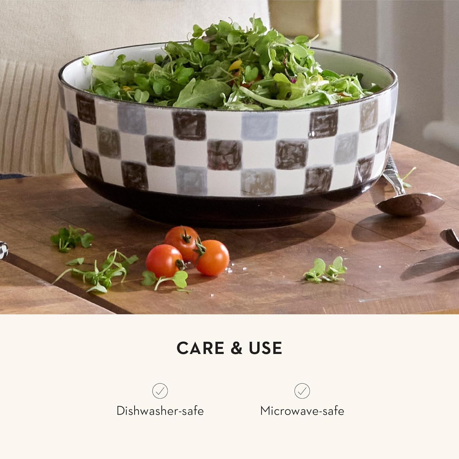 Stoneware Serving Bowl, Large Decorative Bowl, 14-Cup Capacity, Black Check