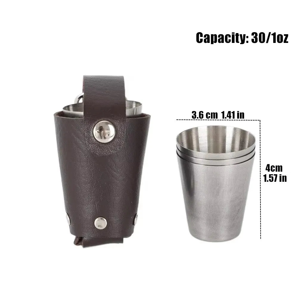 Vodka Spirits Cup, PU Holster Stainless Steel Mini Wine Tumbler Portable 4pcs 70ml Shot Glass Set Outdoor Picnic Drinking Tool