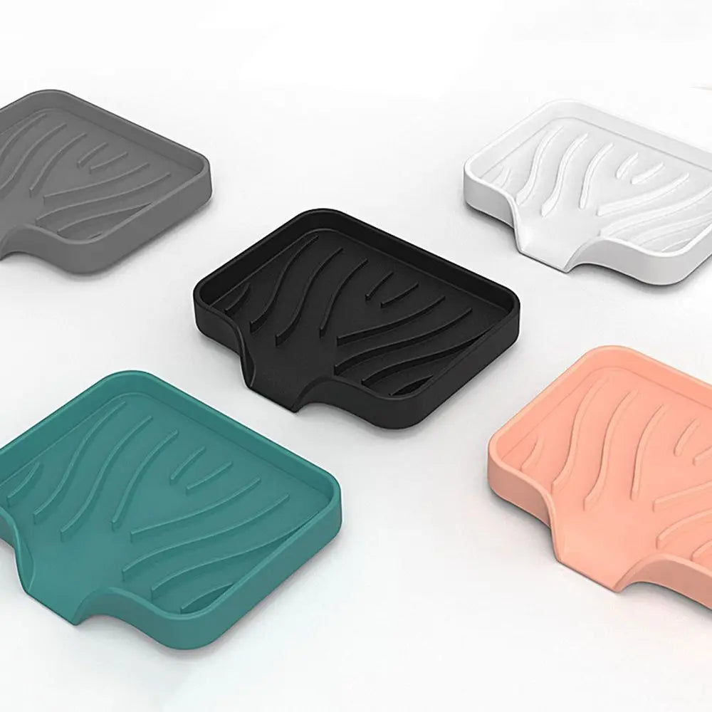 Washstand Soap Tray Brush Sponge Bottles Organizer Kitchen/Bathroom Silicone Soap Storage Holder with Built-in Drain Lip
