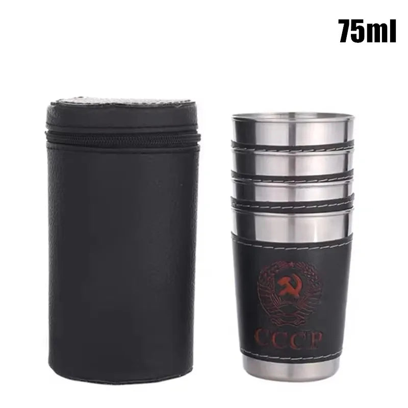 Vodka Cup 304 PU holster Russia Stainless Steel Mini Wine Tumbler Portable Personalized 4pcs 30ml/75ml/170ml Shot Glass Set