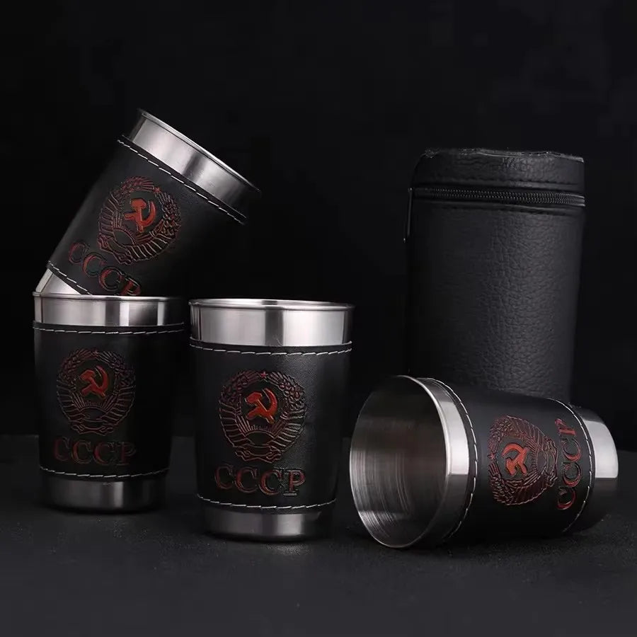 Vodka Cup 304 PU holster Russia Stainless Steel Mini Wine Tumbler Portable Personalized 4pcs 30ml/75ml/170ml Shot Glass Set