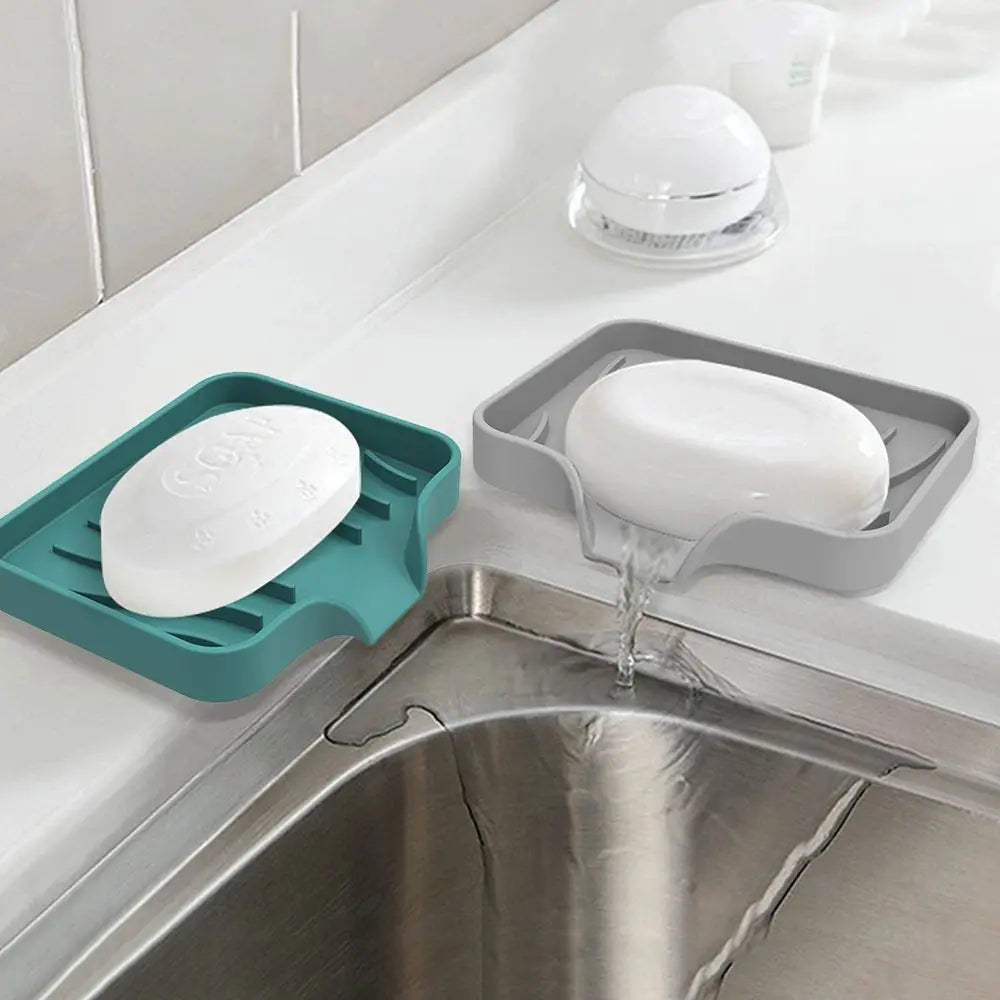 Washstand Soap Tray Brush Sponge Bottles Organizer Kitchen/Bathroom Silicone Soap Storage Holder with Built-in Drain Lip