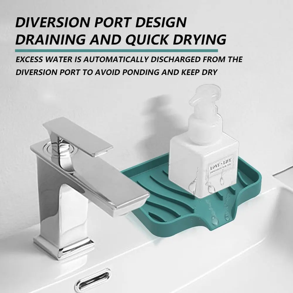 Washstand Soap Tray Brush Sponge Bottles Organizer Kitchen/Bathroom Silicone Soap Storage Holder with Built-in Drain Lip