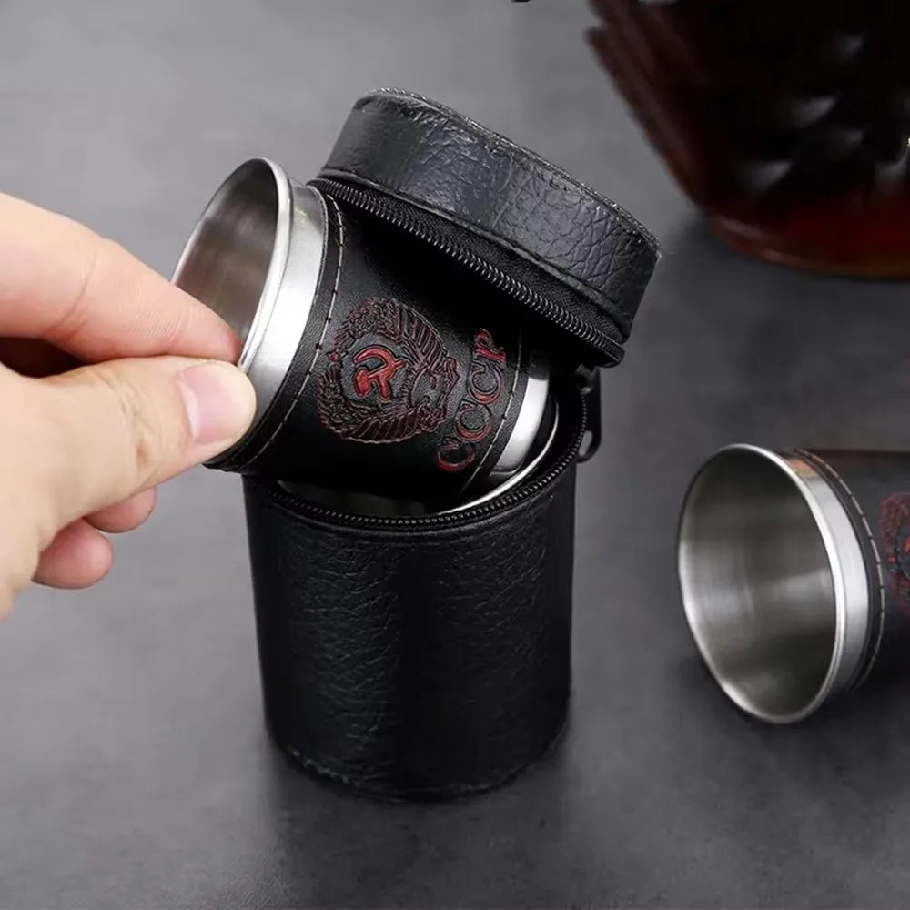 Vodka Cup 304 PU holster Russia Stainless Steel Mini Wine Tumbler Portable Personalized 4pcs 30ml/75ml/170ml Shot Glass Set