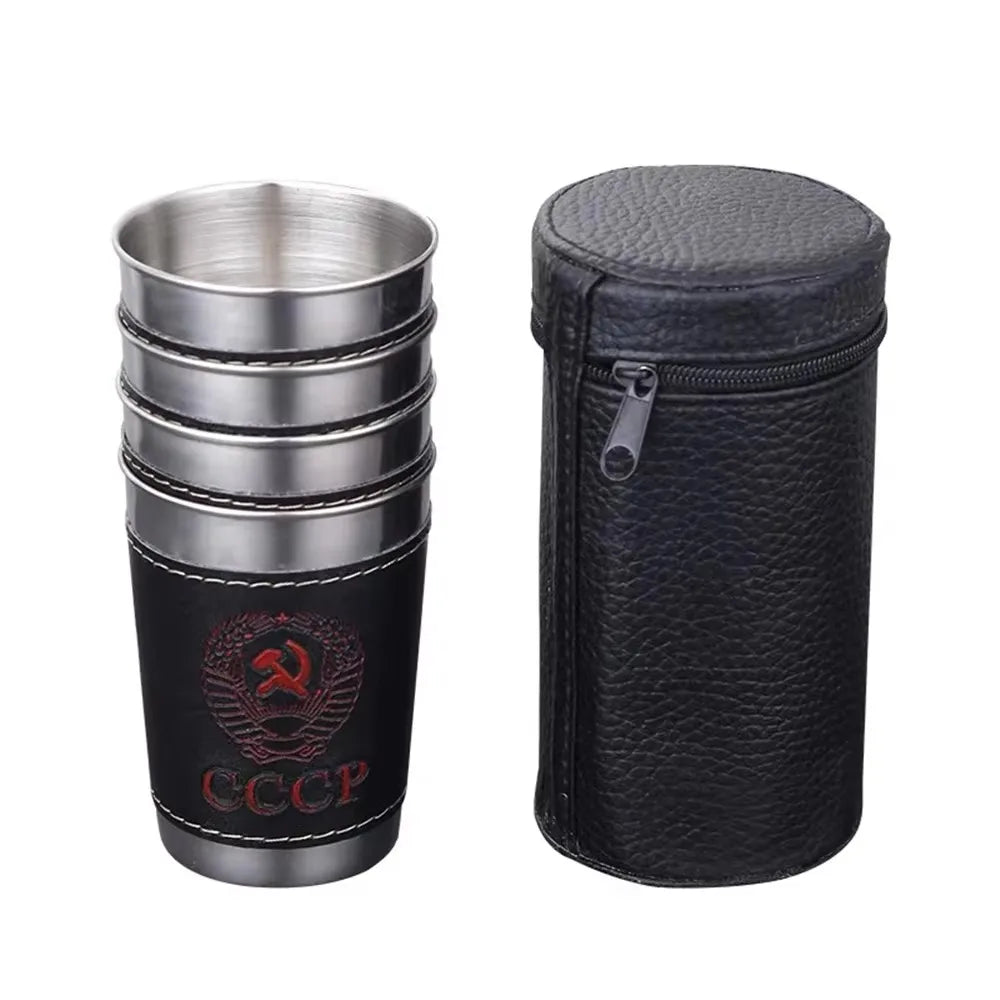Vodka Cup 304 PU holster Russia Stainless Steel Mini Wine Tumbler Portable Personalized 4pcs 30ml/75ml/170ml Shot Glass Set