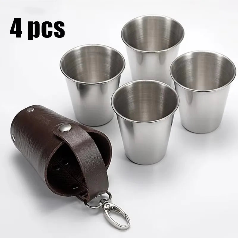 Vodka Spirits Cup, PU Holster Stainless Steel Mini Wine Tumbler Portable 4pcs 70ml Shot Glass Set Outdoor Picnic Drinking Tool