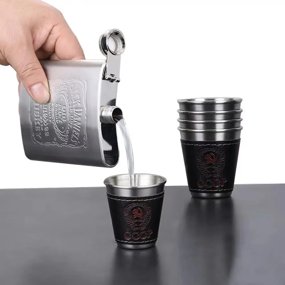 Vodka Cup 304 PU holster Russia Stainless Steel Mini Wine Tumbler Portable Personalized 4pcs 30ml/75ml/170ml Shot Glass Set
