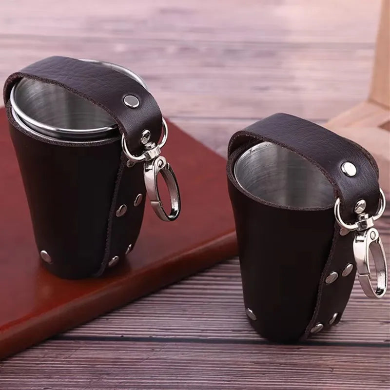 Vodka Spirits Cup, PU Holster Stainless Steel Mini Wine Tumbler Portable 4pcs 70ml Shot Glass Set Outdoor Picnic Drinking Tool