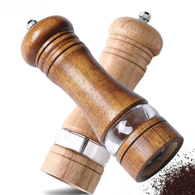 6-inch Manual Pepper Grinder Rubber Wood Acrylic Salt Shakers Adjustable Ceramic Rotor-Refillable Oak Spice Salt Grinding Bottle