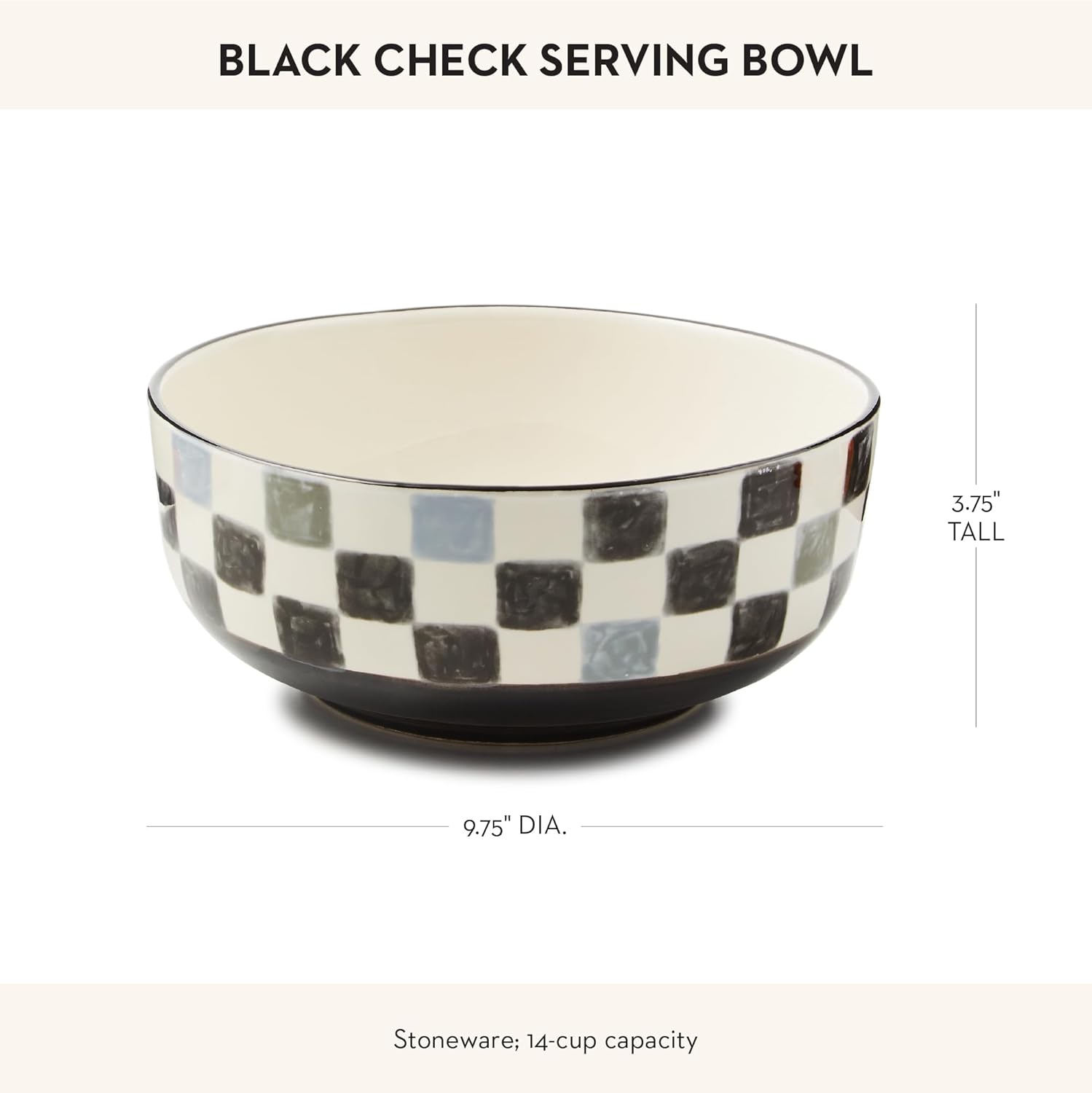 Stoneware Serving Bowl, Large Decorative Bowl, 14-Cup Capacity, Black Check