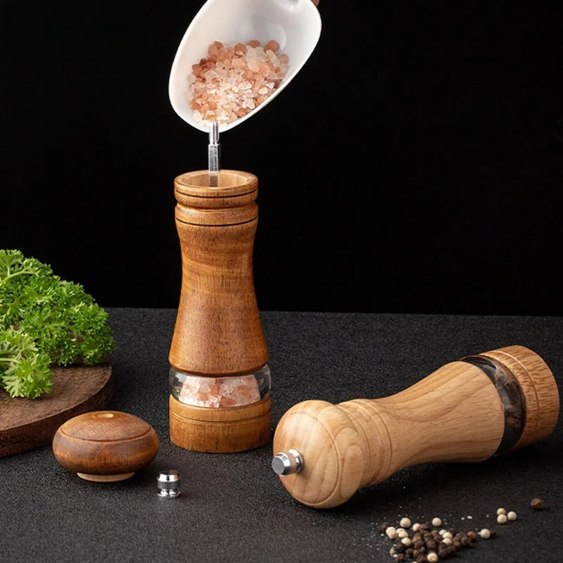 6-inch Manual Pepper Grinder Rubber Wood Acrylic Salt Shakers Adjustable Ceramic Rotor-Refillable Oak Spice Salt Grinding Bottle