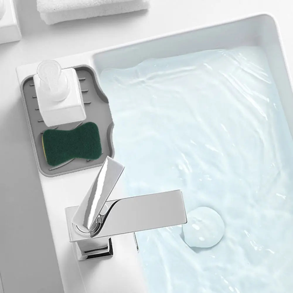 Washstand Soap Tray Brush Sponge Bottles Organizer Kitchen/Bathroom Silicone Soap Storage Holder with Built-in Drain Lip