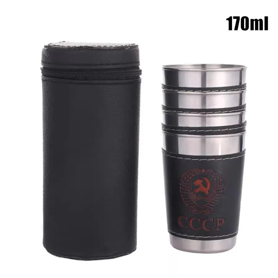 Vodka Cup 304 PU holster Russia Stainless Steel Mini Wine Tumbler Portable Personalized 4pcs 30ml/75ml/170ml Shot Glass Set