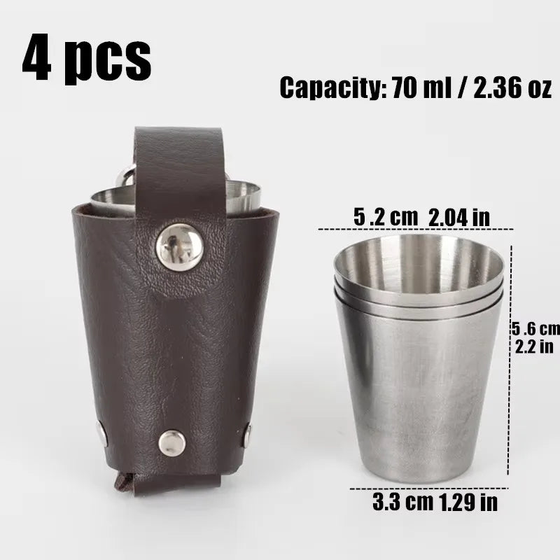 Vodka Spirits Cup, PU Holster Stainless Steel Mini Wine Tumbler Portable 4pcs 70ml Shot Glass Set Outdoor Picnic Drinking Tool