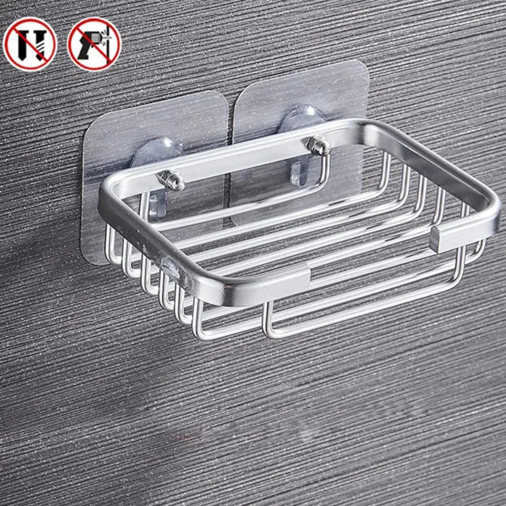 Drill Free Wall-mounted Soap Holder Sponge Dish Holder No Drilling Aluminum Adhesive Soap Dish Holder Rack Metal Soap Holder
