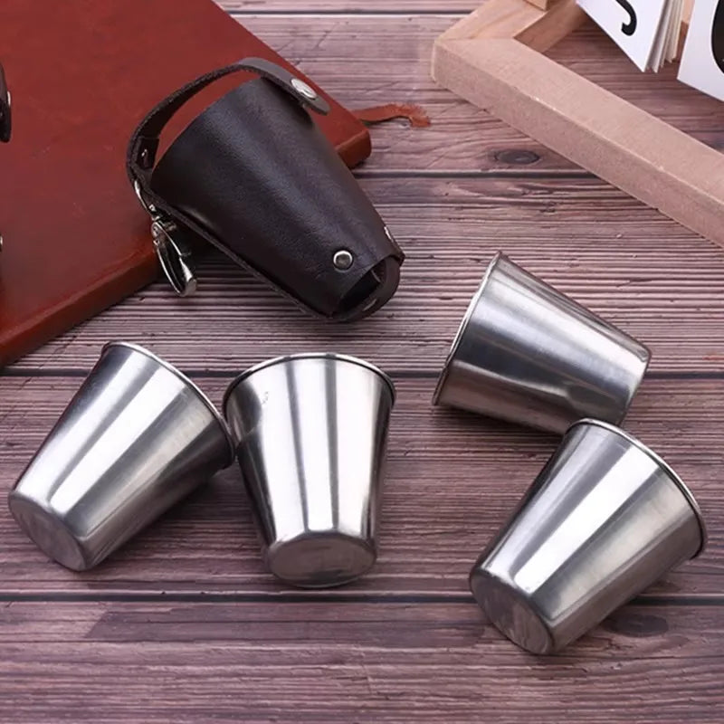 Vodka Spirits Cup, PU Holster Stainless Steel Mini Wine Tumbler Portable 4pcs 70ml Shot Glass Set Outdoor Picnic Drinking Tool