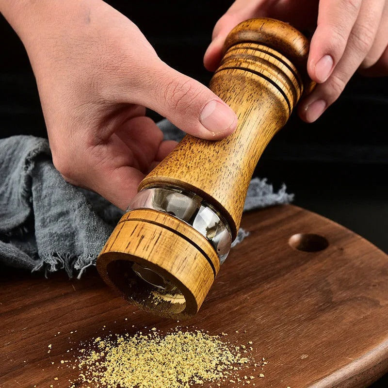 6-inch Manual Pepper Grinder Rubber Wood Acrylic Salt Shakers Adjustable Ceramic Rotor-Refillable Oak Spice Salt Grinding Bottle